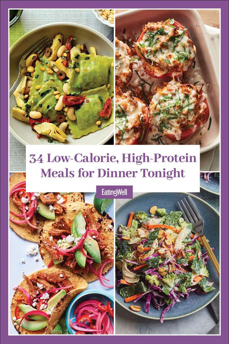 34 collage de fotos de recetas de cenas bajas en calorías y altas en proteínas
