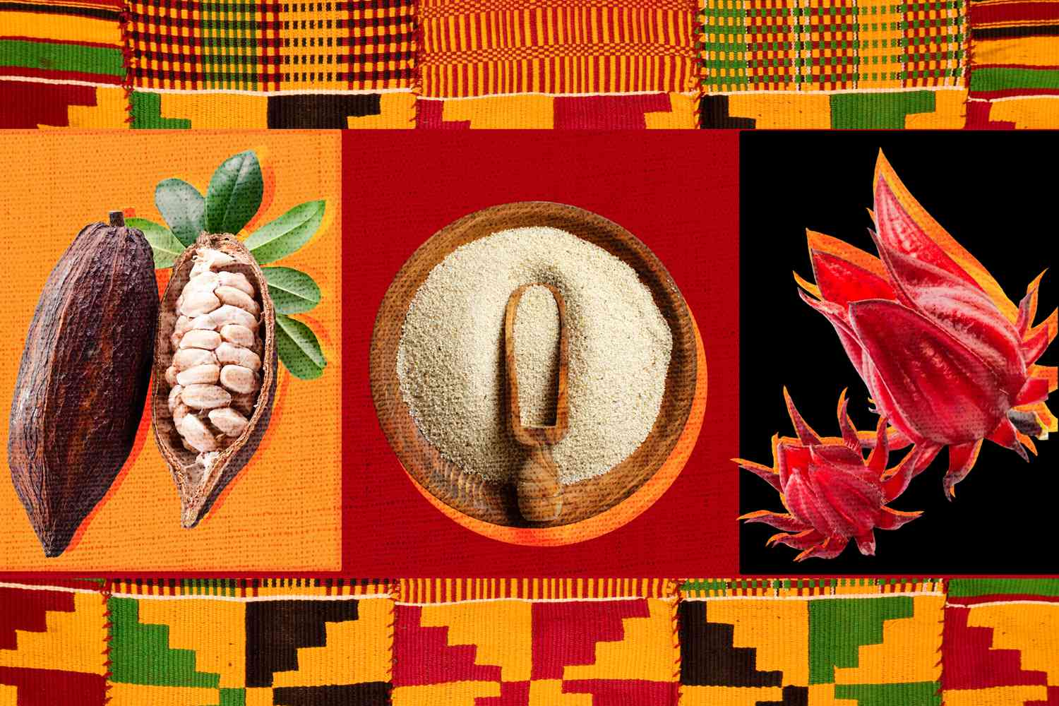 Collage de varios alimentos contenidos en comidas de herencia africana