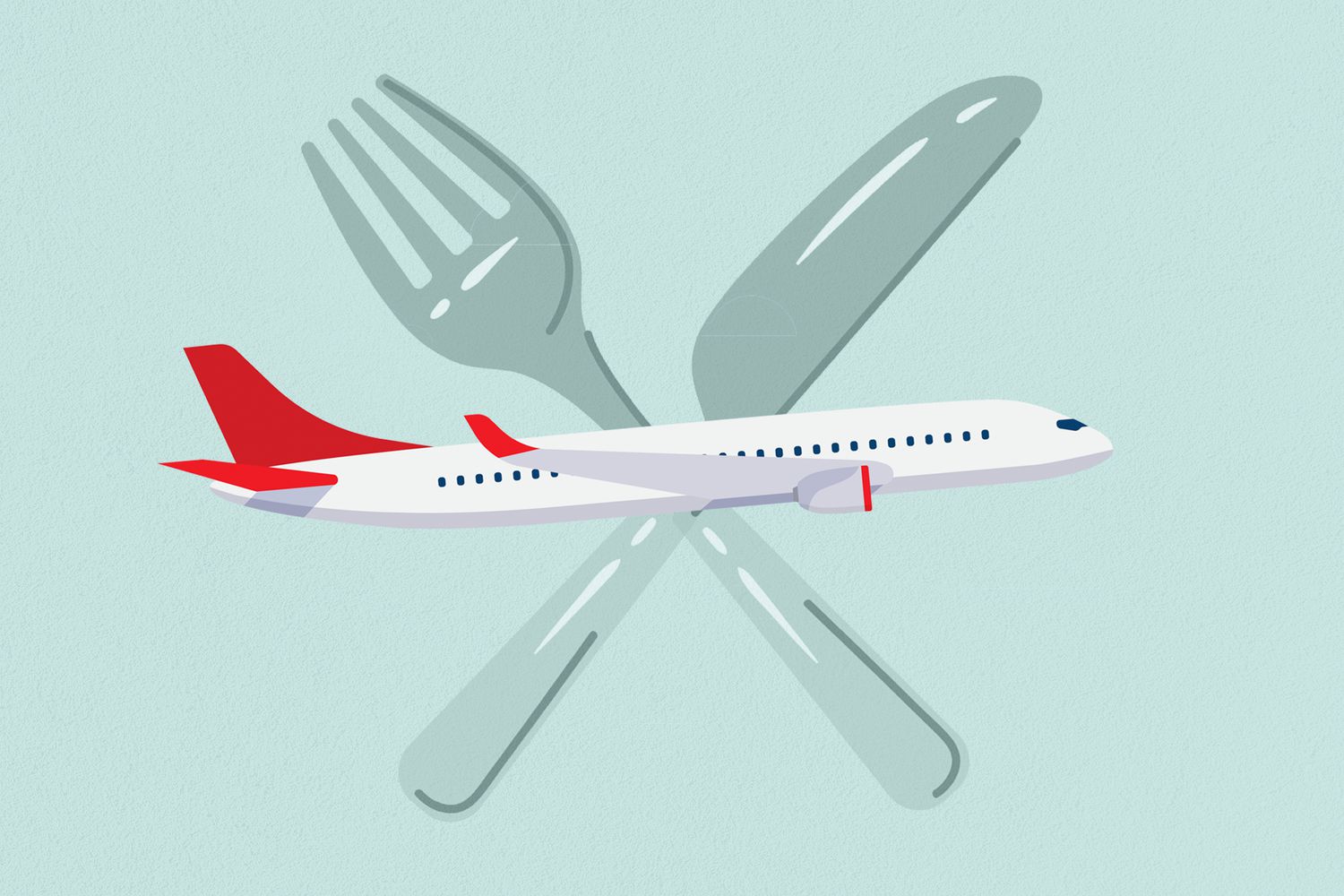 Ilustración de un avión con un tenedor y una cuchara detrás