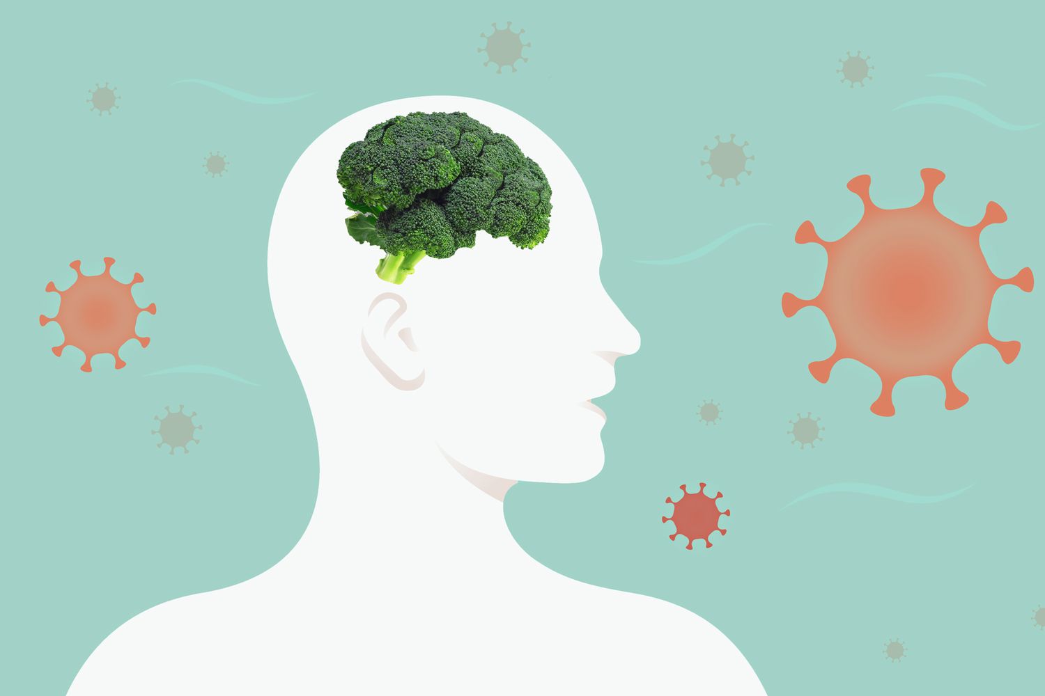 Un collage de moléculas covid flotando con la silueta de una persona con un cerebro de brócoli.