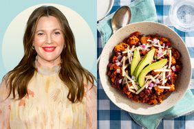 Una foto de Drew Barrymore al lado de la foto de la receta del chile de pájaros de siete lados de Eatingwell.