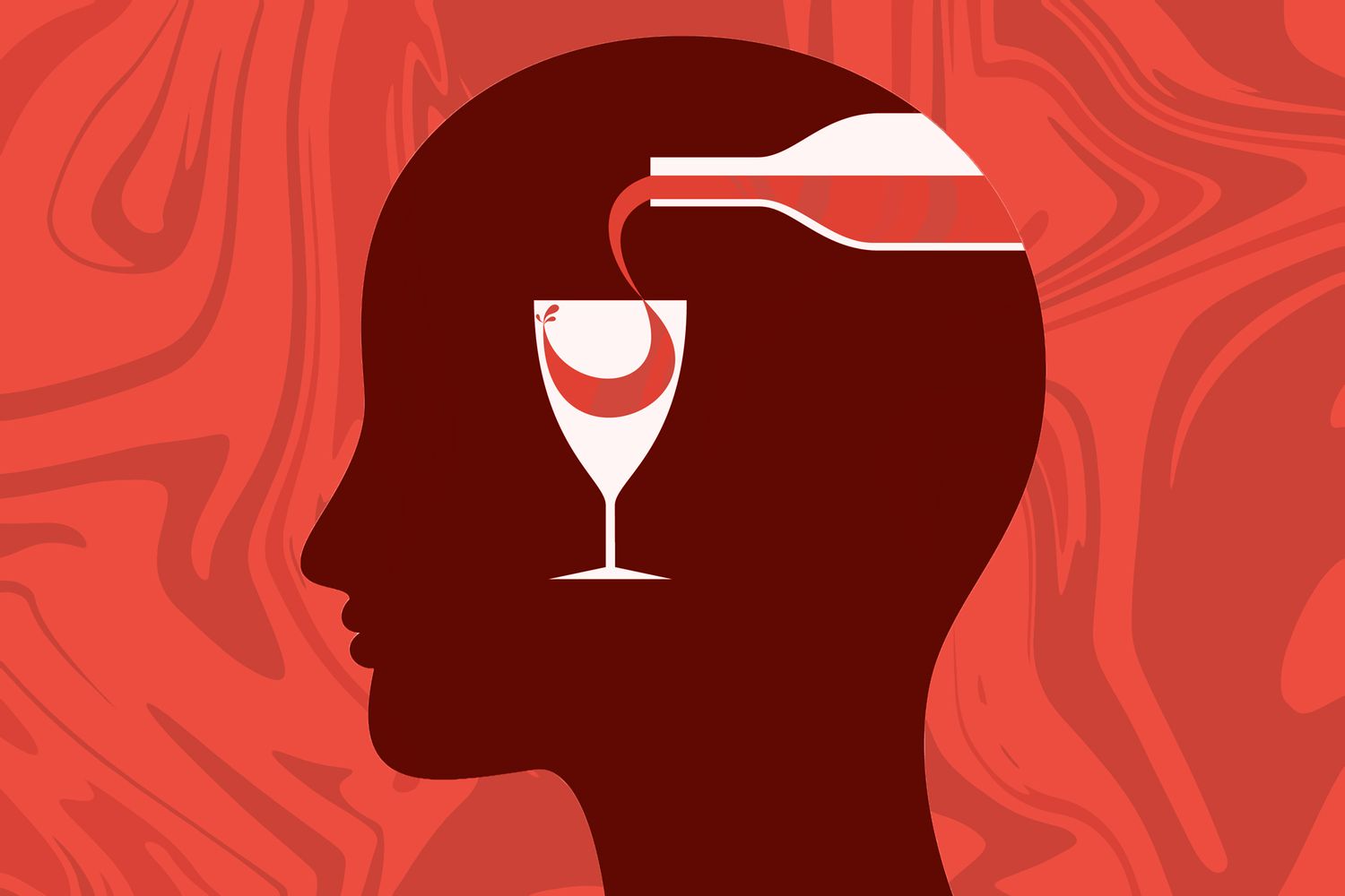 Ilustración de la silueta de una cabeza con una copa de vino y una botella de vino dentro del cerebro