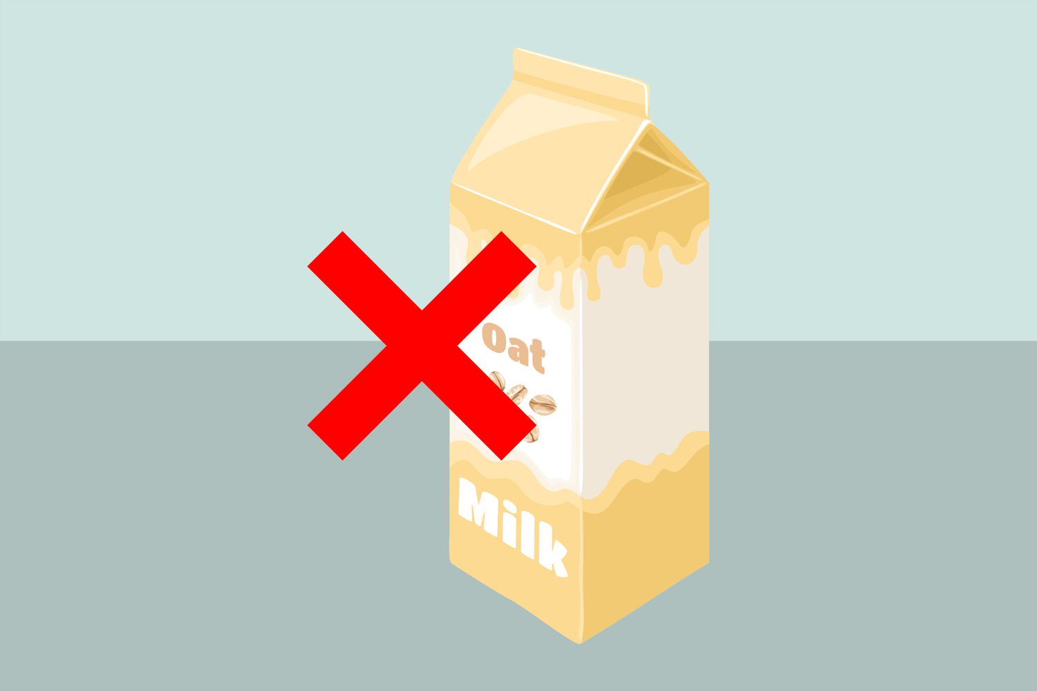 Ilustración de un paquete de leche de avena con una marca X roja