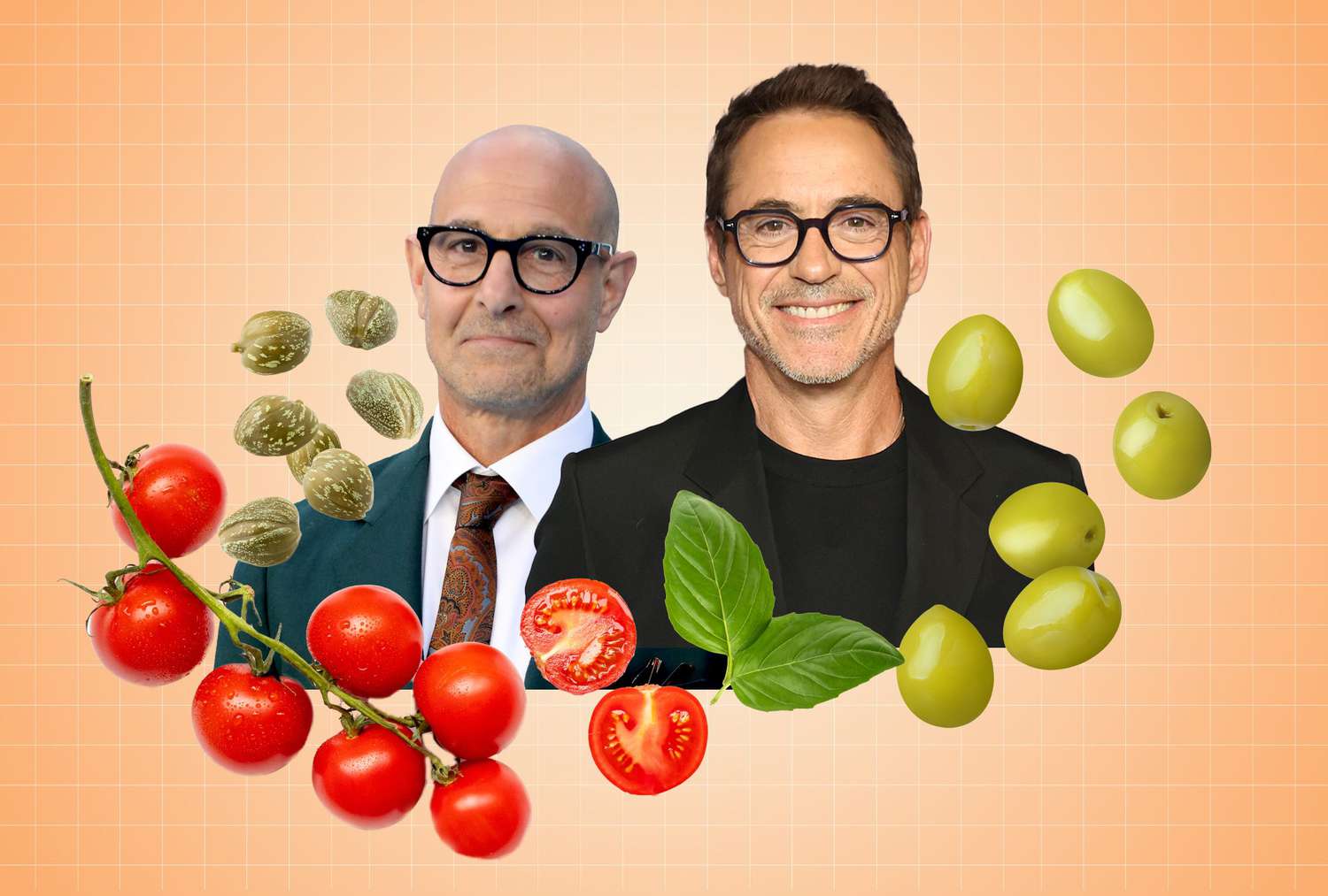Foto: Stanley Tucci y Robert Downey Jr. con tomates cherry, aceitunas verdes, albahaca y alcaparras