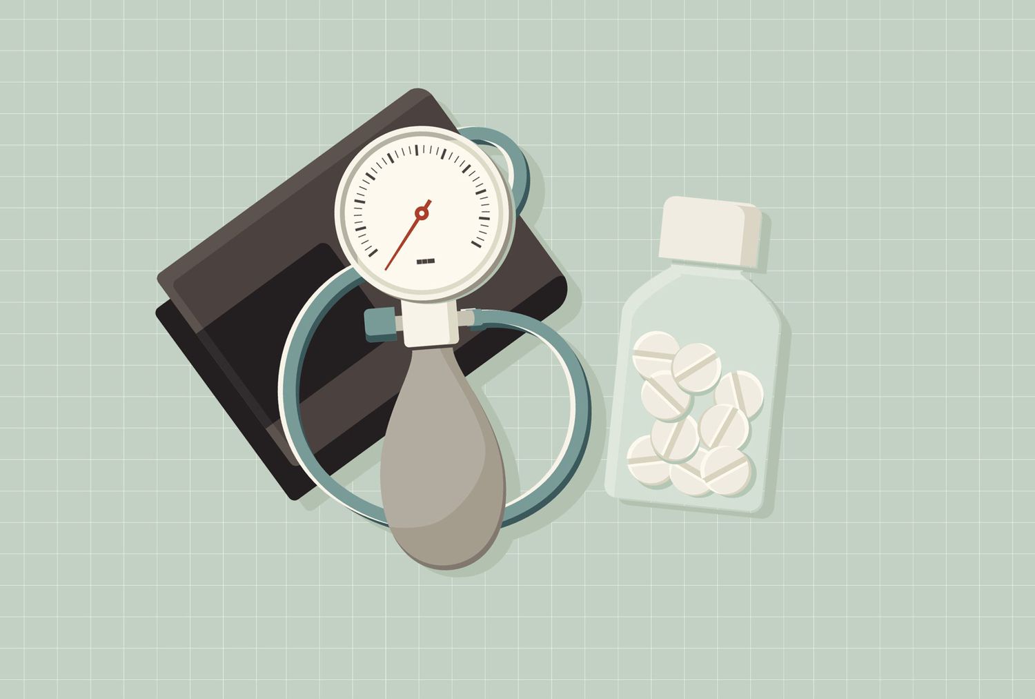 Ilustración de un monitor de presión arterial y una botella de suplemento