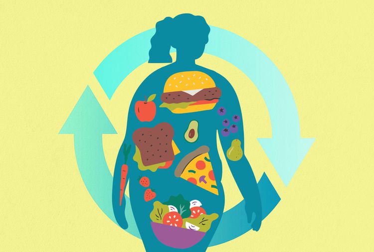 Ilustración de un cuerpo humano cubierto de comida con dos flechas en un círculo detrás
