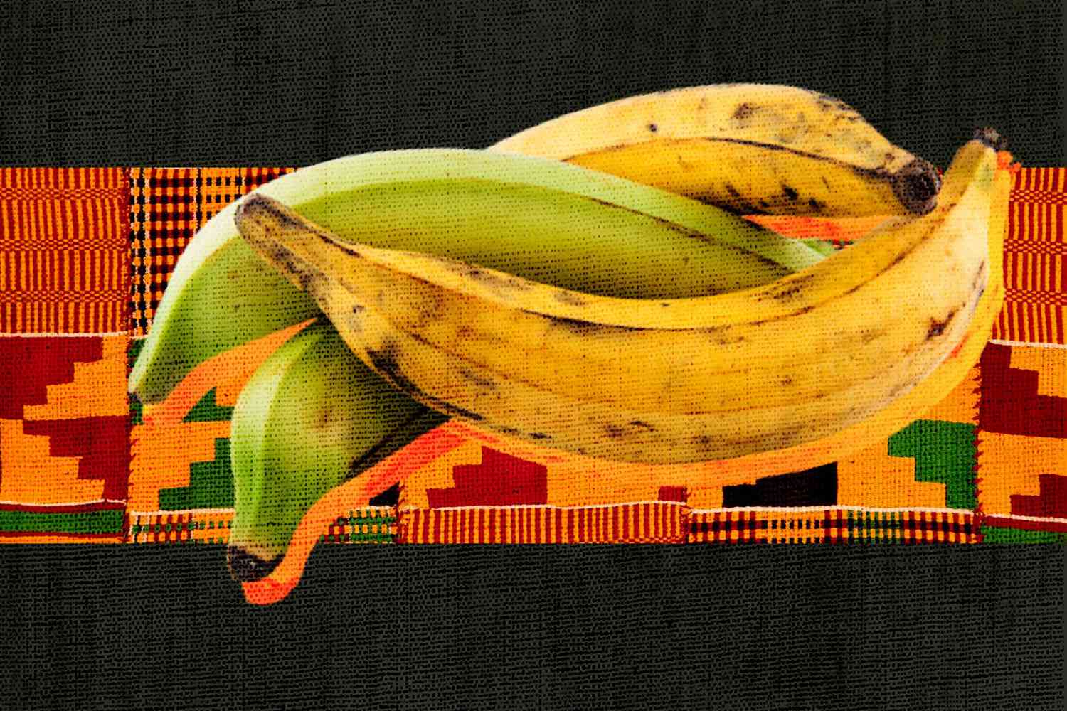 Collage de frutas africanas, fondo negro y de patrones
