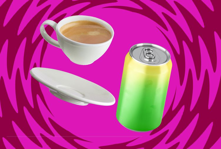 Collage de tazas de café y bebidas energéticas generales