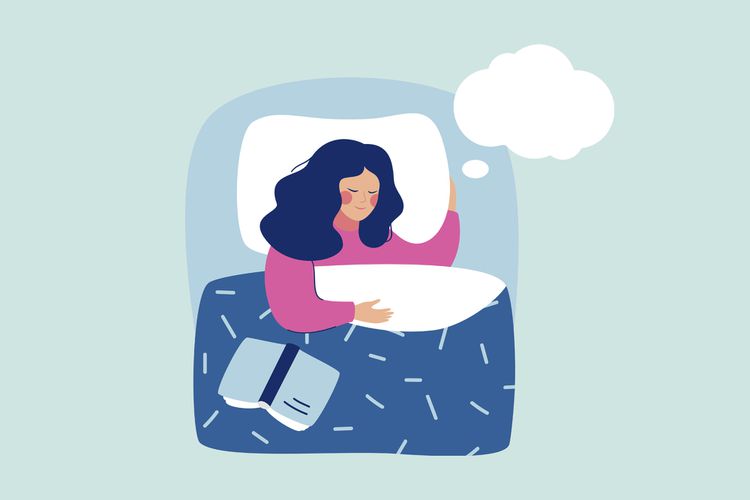 Ilustraciones de personas que durmen en la cama y burbujas de pensar en sus cabezas.< Span> Si no recuerda sus sueños, es posible que no pueda obtener un sueño REM de alta calidad. REM Sleep es un sueño tan profundo que tu cerebro tiene un sueño claro.