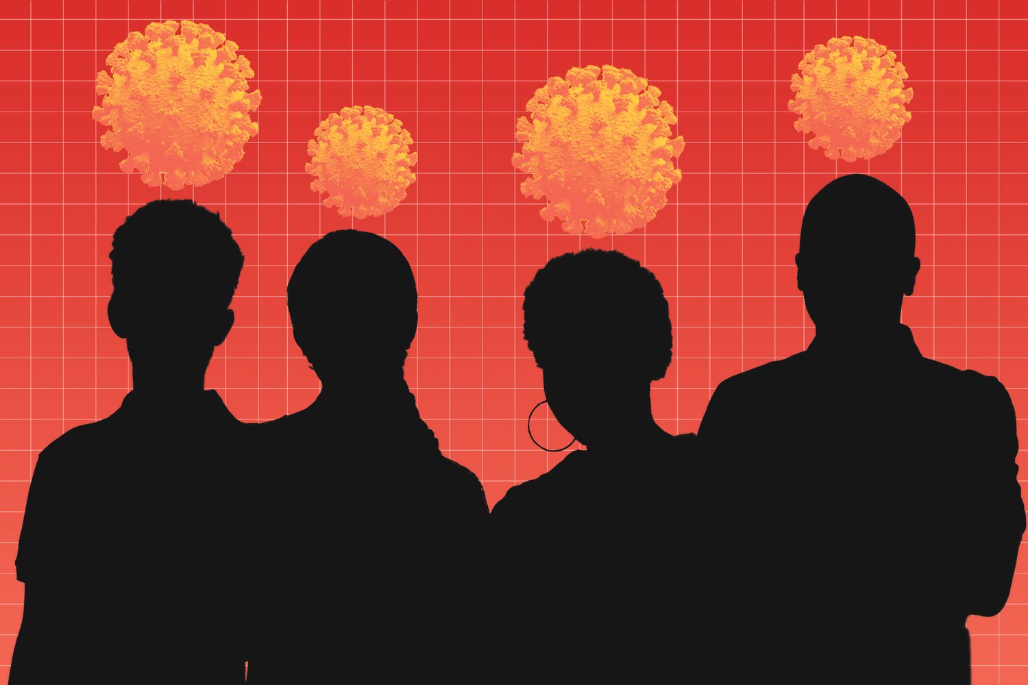 Siluetas de cuatro personas con células de coronavirus sobre sus cabezas